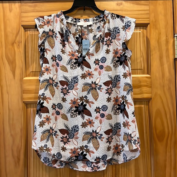 Ann Taylor LOFT Boho Floral Ruffle Split Neck Shell Blouse - Picture 3 of 8